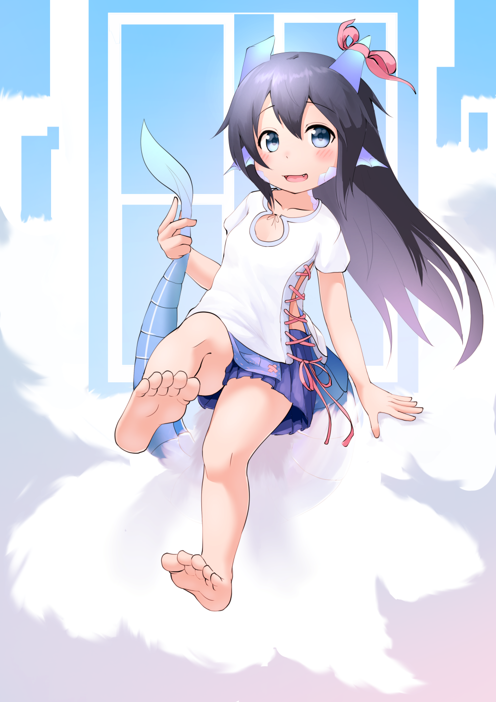 1girl, :d, arm_support, bangs, barefoot, black_hair, blue_eyes, blue_skirt