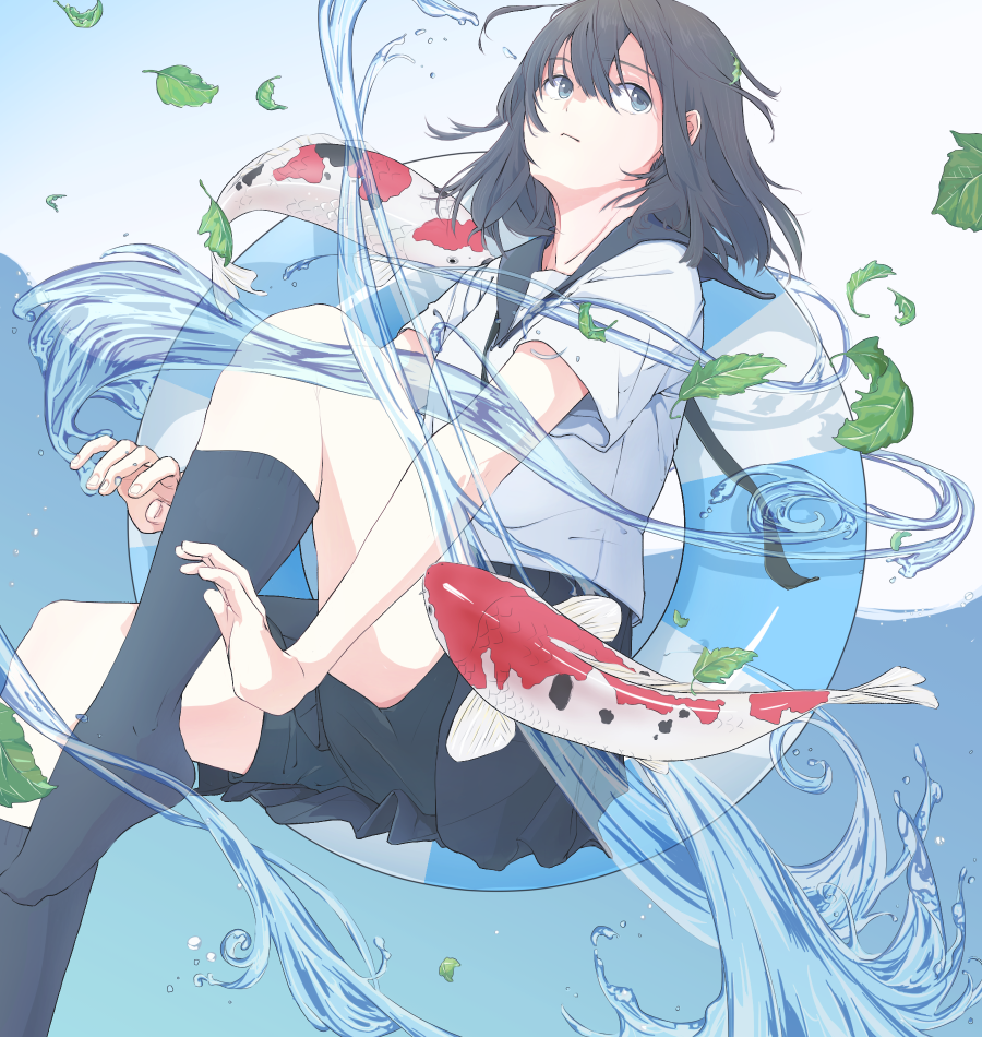 1girl, asai_umi, bangs, black_hair, black_legwear, black_shorts, commentary_request, feet