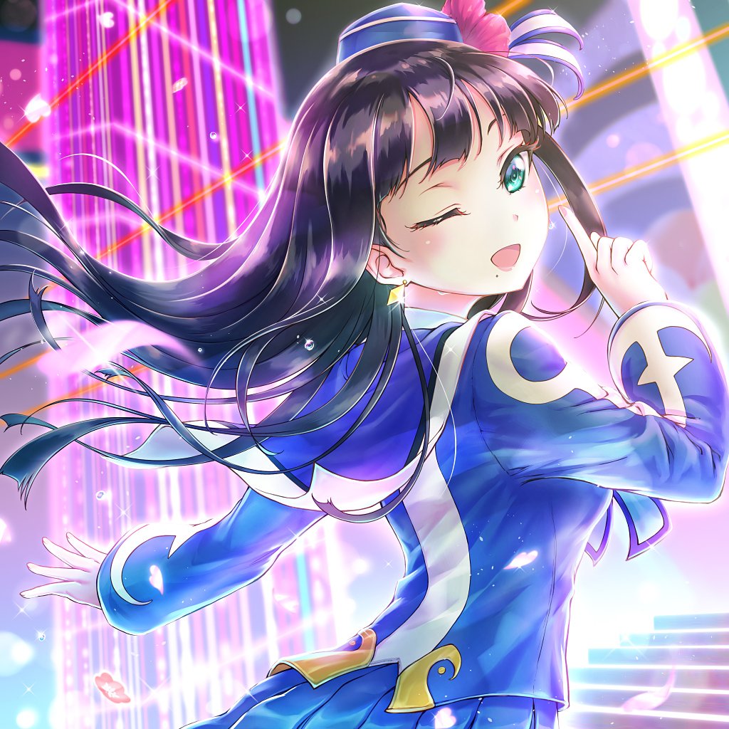 1girl, aqua_eyes, bangs, black_hair, blunt_bangs, bow, dancing, earrings