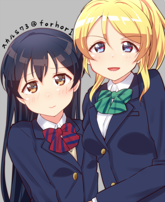 2girls, ayase_eli, bangs, blazer, blonde_hair, blue_eyes, blue_hair, blush, bow, bowtie, closed_mouth, commentary, green_neckwear, grey_background, hair_between_eyes, jacket, long_hair, long_sleeves, looking_at_viewer, love_live!, love_live!_school_idol_project, multiple_girls, open_mouth, otonokizaka_school_uniform, ponytail, red_neckwear, school_uniform, simple_background, skull573, sonoda_umi, striped_neckwear, upper_body, yellow_eyes