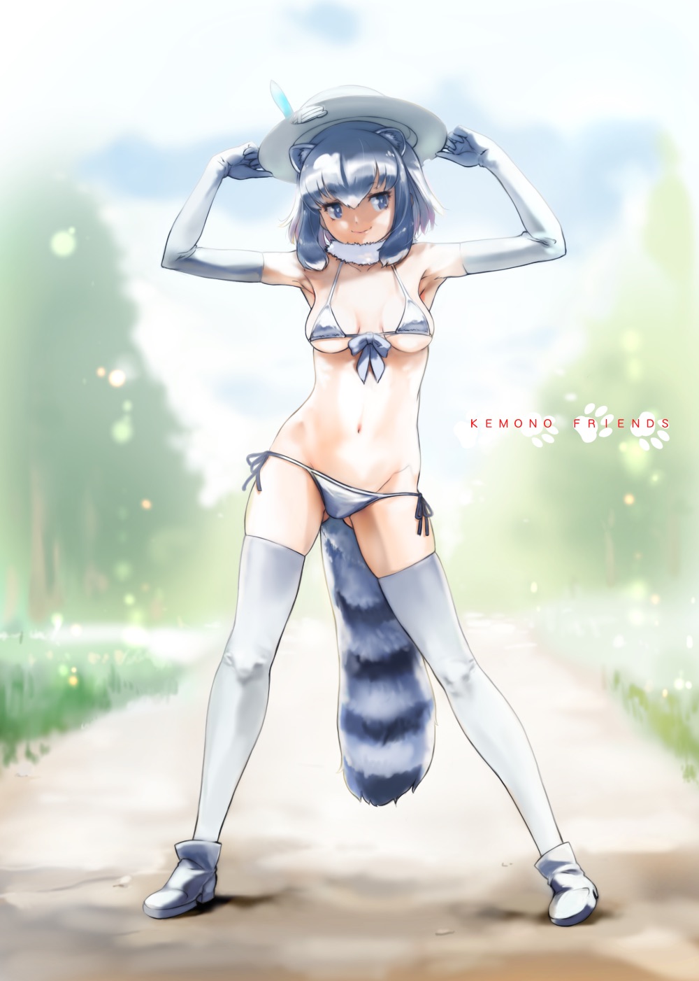 1girl, alternate_costume, animal_ears, armpits, arms_up, bikini, boots, breasts, bucket_hat, chikuwa_(tks), commentary_request, common_raccoon_(kemono_friends), day, extra_ears, front-tie_bikini, front-tie_top, full_body, fur_collar, gloves, gluteal_fold, grey_bikini, grey_eyes, grey_gloves, grey_hair, grey_legwear, hat, hat_feather, highres, kemono_friends, medium_breasts, multicolored_hair, navel, outdoors, raccoon_ears, raccoon_tail, short_hair, side-tie_bikini, smile, solo, striped_tail, swimsuit, tail, thigh-highs