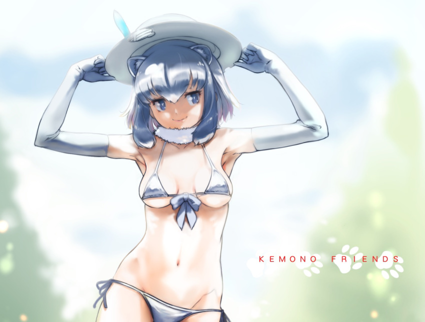 1girl, alternate_costume, animal_ears, armpits, arms_up, bikini, breasts, bucket_hat