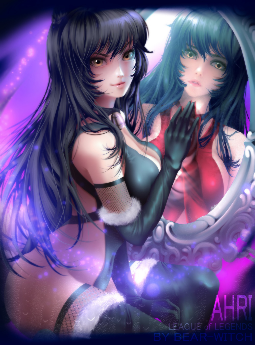 2girls, ahri, ass, bare_shoulders, bearwitch, black_gloves, black_hair, black_legwear