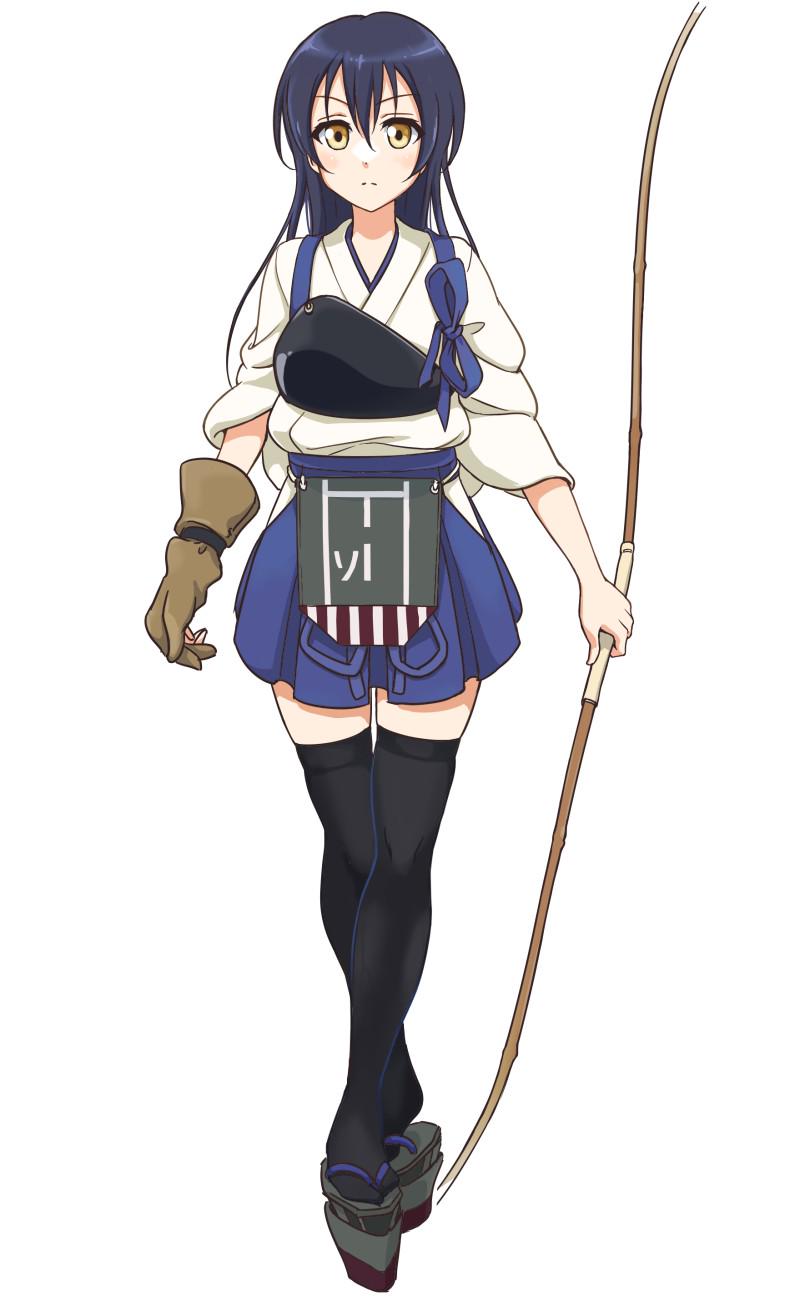 1girl, bangs, black_legwear, blue_hair, bow_(weapon), closed_mouth, commentary_request, cosplay