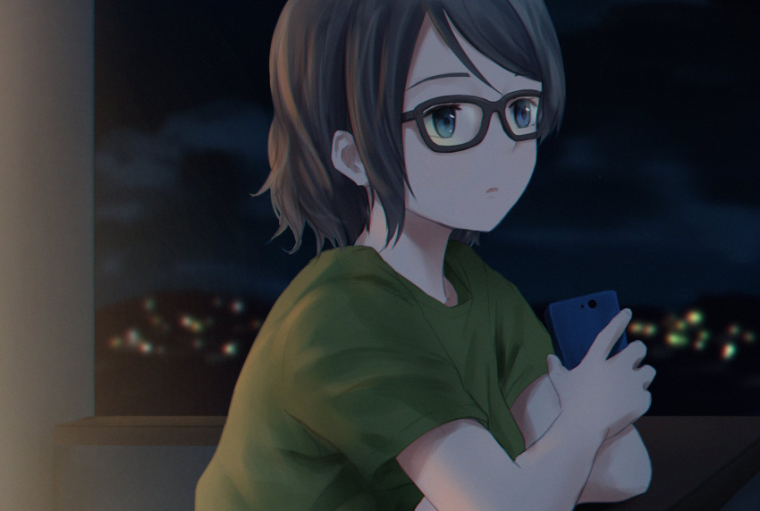 1girl, arm_support, bangs, blue_eyes, cellphone, glasses, green_shirt, grey_hair