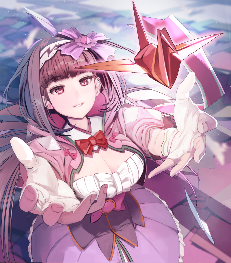 1girl, black_hair, breasts, cleavage, fate/grand_order, fate_(series), hairband, headband, hood, hoodie, kishibojin_pbw, large_breasts, long_hair, low_twintails, origami, osakabe-hime_(fate/grand_order), paper, paper_crane, ribbon, skirt, smile, solo, twintails, violet_eyes