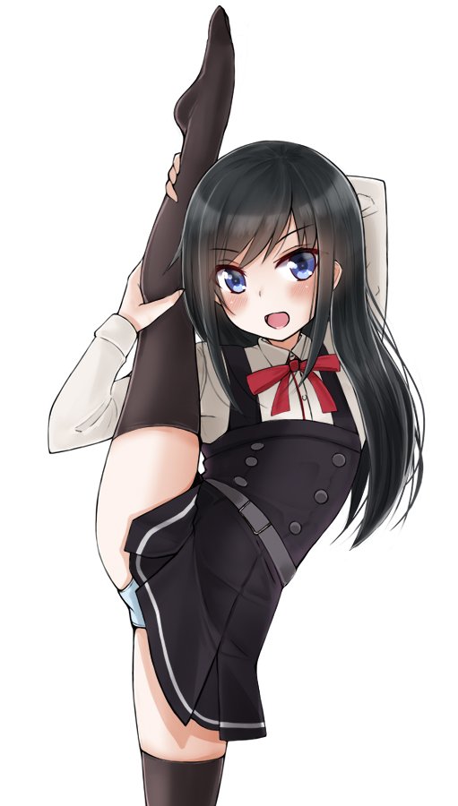 1girl, asashio_(kantai_collection), belt, black_hair, black_legwear, blue_eyes, blue_panties, buttons