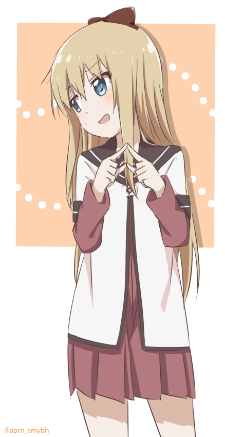 1girl, blonde_hair, blue_eyes, bow, hair_bow, long_hair, nanamori_school_uniform, open_mouth, ren_kon, school_uniform, serafuku, solo, toshinou_kyouko, twiddling_fingers, twitter_username, yuru_yuri