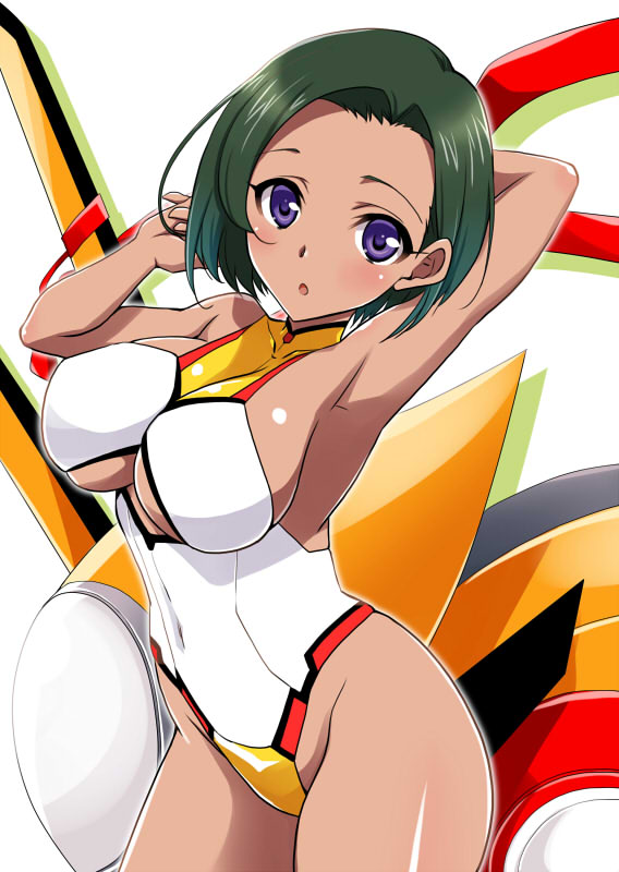 1girl, armpits, arms_up, bare_shoulders, blush, breasts, cleavage, commentary_request