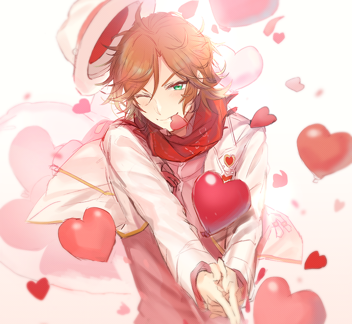 1boy, brown_hair, ensemble_stars!, finger_gun, green_eyes, hat, heart, jacket, mam_(ensemble_stars!), mikejima_madara, one_eye_closed, scarf, short_hair, smile, solo
