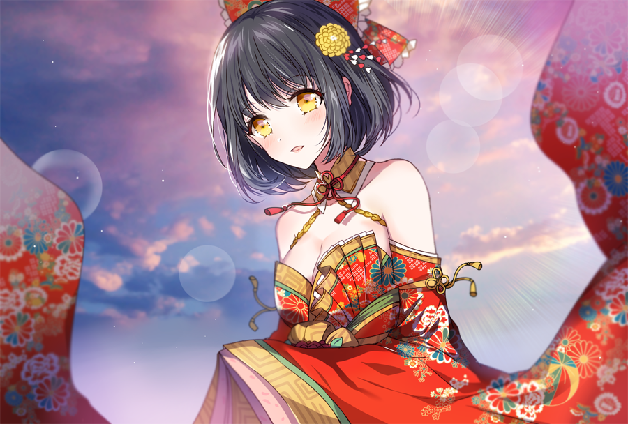 1girl, bare_shoulders, black_hair, blush, bow, breasts, cleavage, detached_sleeves