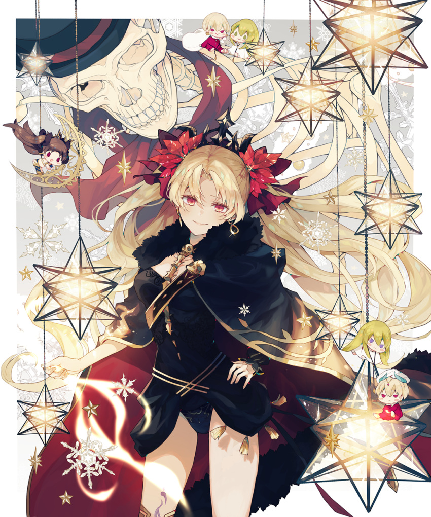 1girl, bangs, between_breasts, black_cape, black_leotard, blonde_hair, cape, character_doll