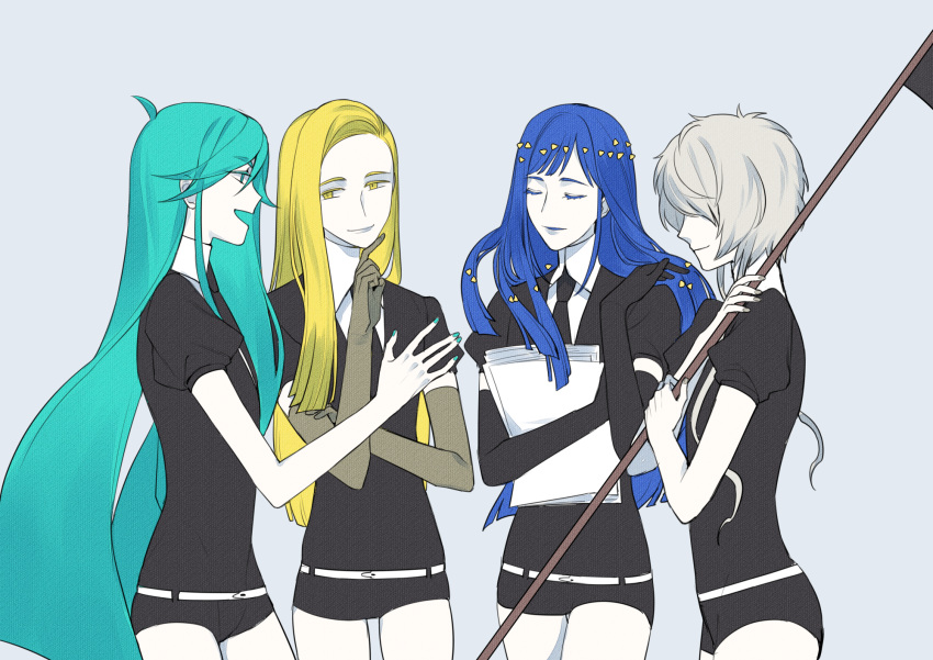 ahoge, alexandrite_(houseki_no_kuni), androgynous, aqua_eyes, aqua_hair, blonde_hair, blue_hair, cao_hong_anh, chrysoberyl_(houseki_no_kuni), elbow_gloves, gem_uniform_(houseki_no_kuni), ghost_quartz_(houseki_no_kuni), gloves, green_eyes, green_hair, grey_hair, highres, houseki_no_kuni, lapis_lazuli_(houseki_no_kuni), long_hair, necktie, short_hair, shorts, smile, uniform, yellow_eyes
