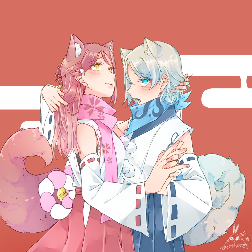 15kasikaze15, 2girls, alternate_costume, animal_ears, blue_eyes, detached_sleeves, fox_ears, fox_tail
