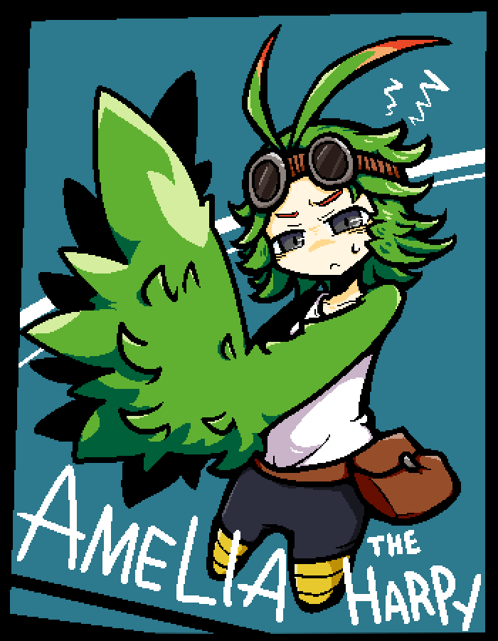 1girl, amelia_(khimera), bird_wings, goggles, goggles_on_head, green_hair, harpy, khimera_destroy_all_monster_girls, monster_girl, remoremora, wings