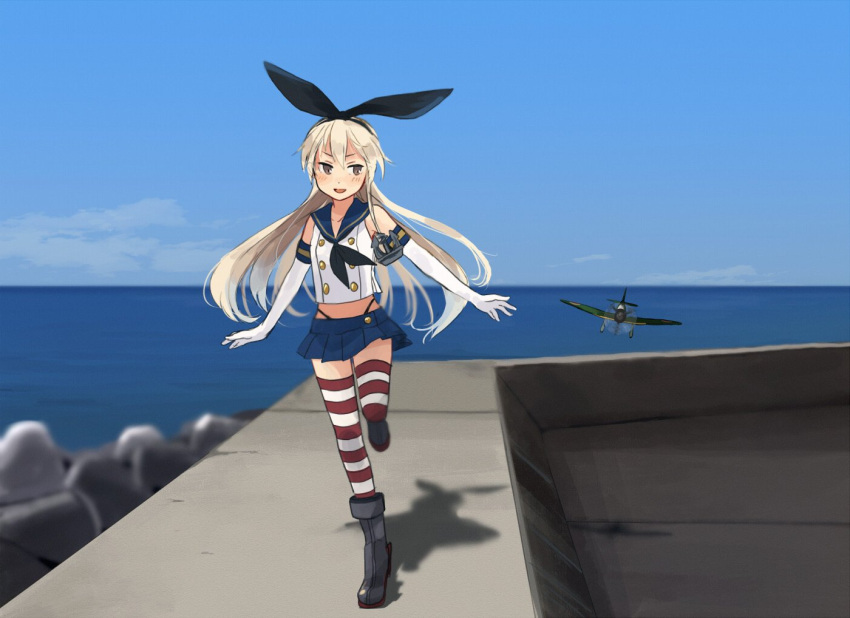 1girl, aircraft, airplane, animal_ears, annin_musou, blonde_hair, blue_sky, boots