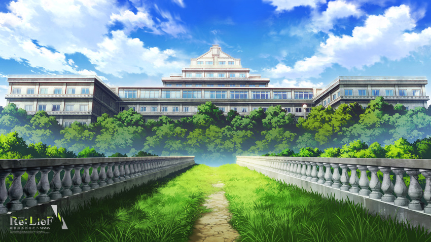 blue_sky, castle, clouds, cloudy_sky, copyright_name, day, grass, mikago_kotaro
