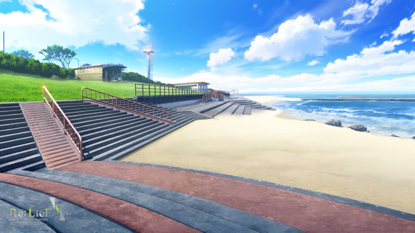 beach, blue_sky, building, bush, clouds, cloudy_sky, copyright_name, foam