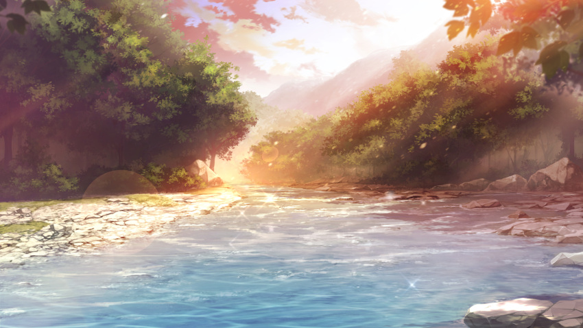 clouds, cloudy_sky, commentary_request, day, forest, highres, lens_flare, light_particles