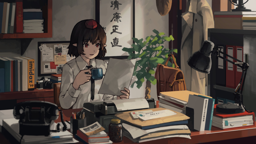 1girl, bag, binder, black_hair, black_neckwear, book, camera, coat