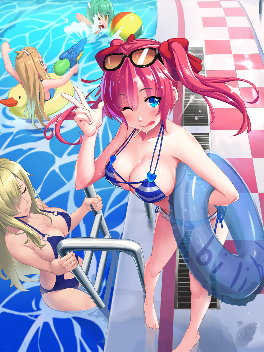 4girls, :q, azur_lane, ball, beachball, bikini, blonde_hair, blue_eyes, breasts, casual_one-piece_swimsuit, character_request, charles_ausburne_(azur_lane), checkered, checkered_floor, cleavage, climbing, closed_eyes, collarbone, eyewear_on_head, flush, food, food_in_mouth, foote_(azur_lane), from_above, halterneck, highres, innertube, medium_breasts, monokini, multiple_girls, nevada_(azur_lane), o-ring, o-ring_swimsuit, oguro_(xhlj), one-piece_swimsuit, one_eye_closed, partially_submerged, pink_hair, pool, popsicle, popsicle_stick, san_diego_(azur_lane), side-tie_bikini, standing, sunglasses, swimsuit, tongue, tongue_out, twintails, v, water_gun, wet