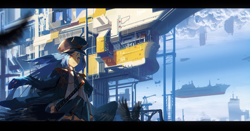 1girl, absurdres, black_jacket, black_neckwear, blue_hair, blue_sky, closed_mouth, clouds