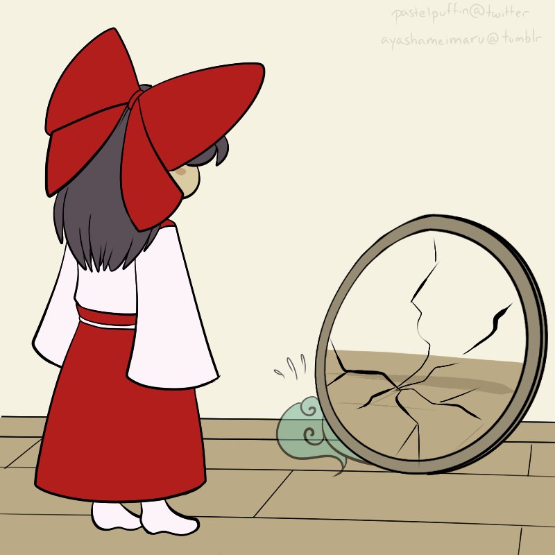 1girl, animalization, black_hair, flying_sweatdrops, growling, hakurei_reimu, hakurei_reimu_(pc-98), hiding