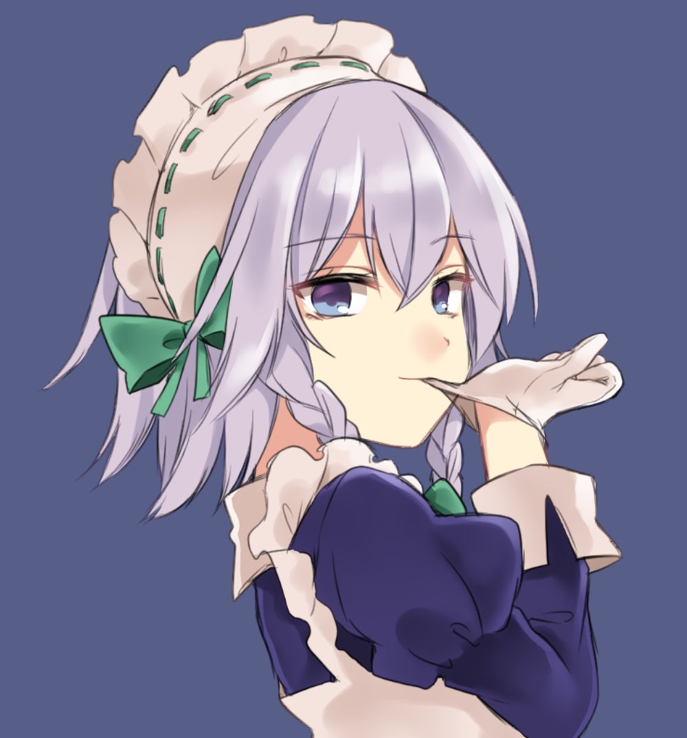 1girl, apron, biting, blue_eyes, braid, dress, glove_biting, gloves, izayoi_sakuya, juliet_sleeves, long_sleeves, looking_at_viewer, maid, maid_apron, maid_headdress, puffy_sleeves, silver_hair, solo, touhou, twin_braids, yururi_nano