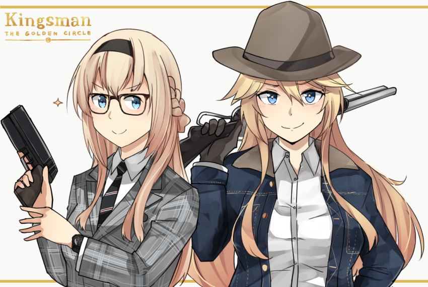 >:), 2girls, alternate_costume, bespectacled, black-framed_eyewear, black_neckwear, blonde_hair, blue_eyes, brown_hat, buttons, commentary_request, glasses, gun, hair_between_eyes, hat, holding, holding_gun, holding_weapon, ido_(teketeke), iowa_(kantai_collection), kantai_collection, kingsman:_the_golden_circle, kingsman:_the_secret_service, long_hair, long_sleeves, multiple_girls, necktie, parody, smile, sparkle, v-shaped_eyebrows, warspite_(kantai_collection), weapon