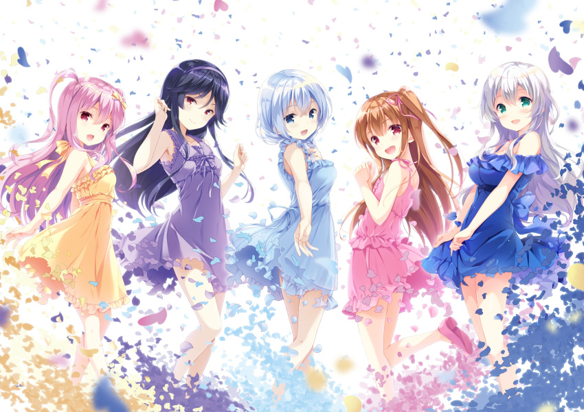 5girls, anette_olga_karasawa, arm_up, asahina_momoko, black_hair, blue_dress, blue_eyes, blue_hair