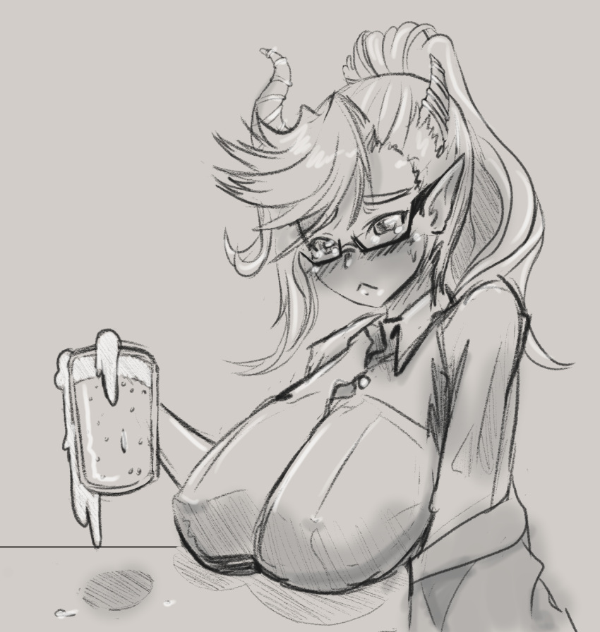 1girl, beer_mug, belial_(the_seven_deadly_sins), breasts, drawfag, frown, glasses, greyscale