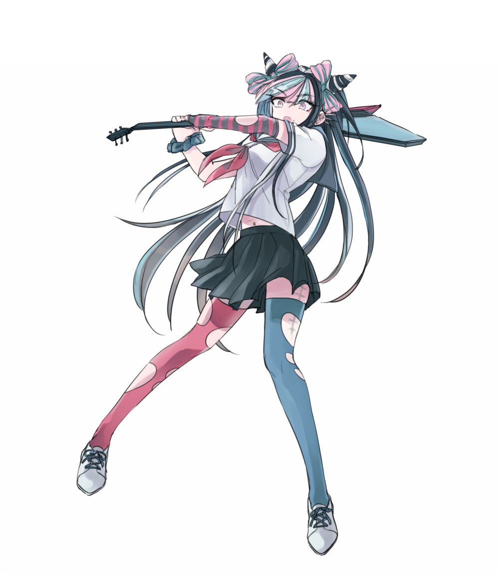1girl, black_hair, black_skirt, blue_legwear, dangan_ronpa, full_body, goro_nyanko, guitar