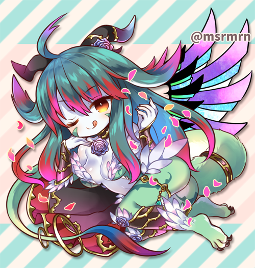 1girl, ;q, bangs, blush, bracer, breasts, brown_eyes, claws, cleavage, closed_mouth, commentary_request, diagonal-striped_background, diagonal_stripes, dragon_girl, dragon_horns, dragon_tail, eyebrows_visible_through_hair, feathers, fingernails, flower, full_body, gradient, gradient_background, greaves, green_hair, hair_between_eyes, hands_up, horns, jewelry, large_breasts, linthia_(p&amp;d), long_hair, looking_at_viewer, marshmallow_mille, monster_girl, multicolored_hair, one_eye_closed, pale_skin, petals, purple_hair, puzzle_&amp;_dragons, redhead, rose, smile, solo, tail, tongue, tongue_out, twitter_username, two-tone_hair, v-shaped_eyebrows, very_long_hair, white_feathers