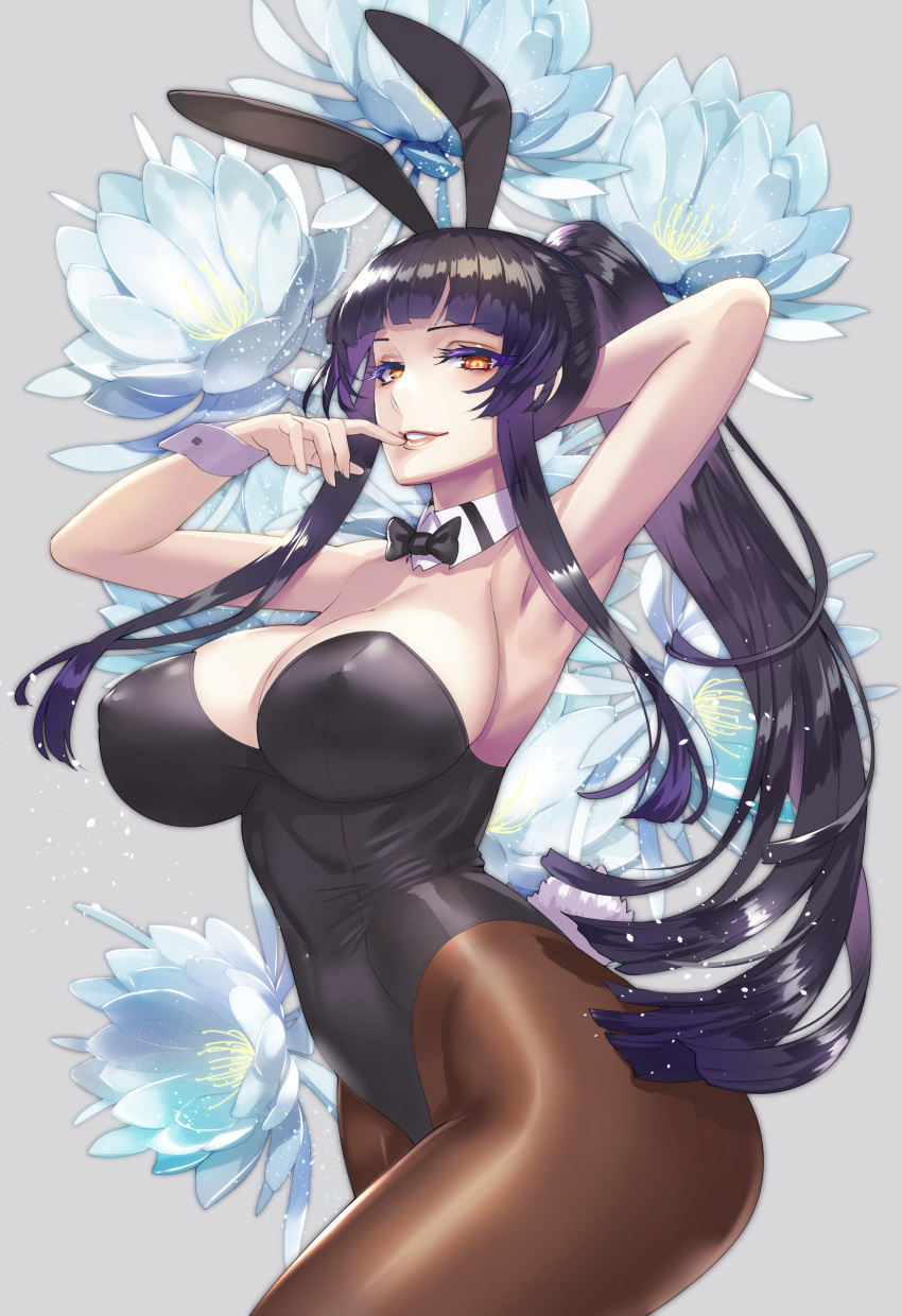 1girl, absurdres, animal_ears, arm_behind_head, armpits, arms_up, bare_shoulders, black_hair