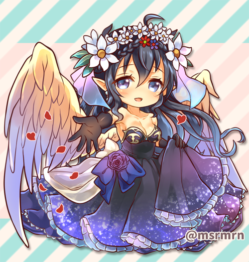 1girl, :d, bangs, bare_shoulders, beige_wings, black_dress, black_gloves, black_hair