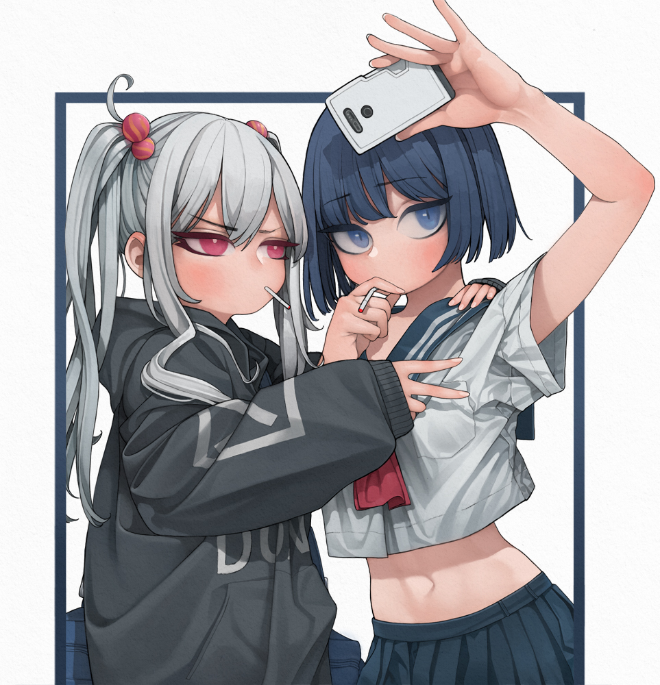 1girl, 2girls, ahoge, arm_above_head, arm_up, bangs, black_hoodie, blue_eyes