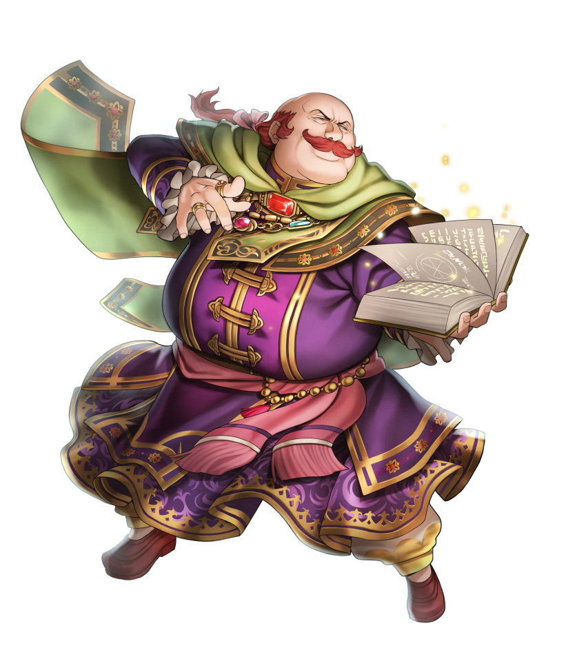 1boy, bald, book, bow, cape, facial_hair, fat, fat_man