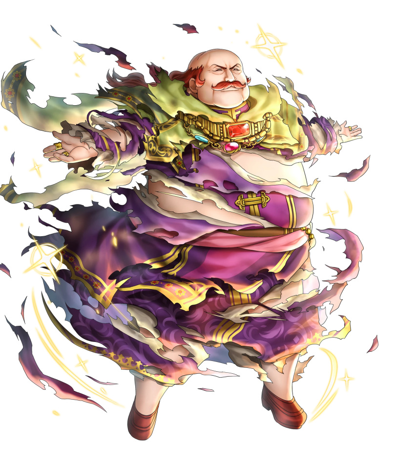 1boy, bald, closed_eyes, facial_hair, fat, fat_man, fire_emblem, fire_emblem:_akatsuki_no_megami, fire_emblem_heroes, full_body, gem, grey_eyes, highres, injury, jewelry, long_hair, male_focus, mustache, official_art, oliver_(fire_emblem), redhead, ring, solo, sparkle, torn_clothes, transparent_background