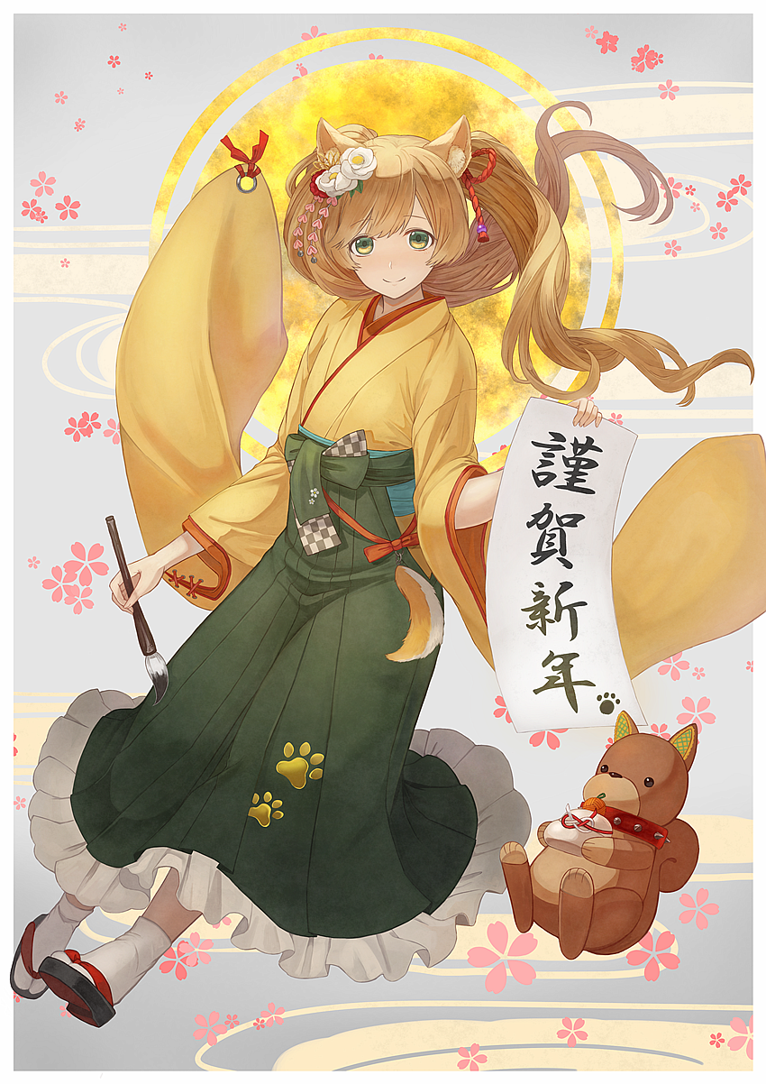 1boy, animal_ears, calligraphy_brush, crossdressinging, dog_ears, dog_tail, green_eyes, hair_ribbon