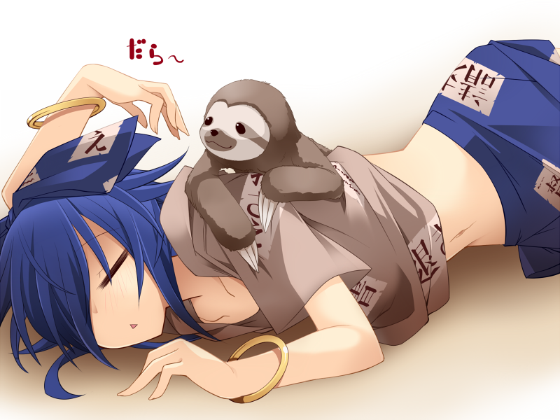 1girl, animal, animal_on_back, blue_hair, bracelet, closed_eyes, commentary_request, hair_over_one_eye