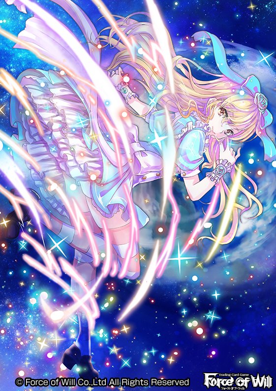1girl, alice_(force_of_will), back, blonde_hair, bow, copyright_name, dress, flower, force_of_will, hair_flower, hair_ornament, long_hair, official_art, red_eyes, solo, sparkle, star_(sky), thigh-highs, wednesday_(starsilver)
