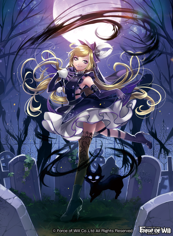 1girl, blonde_hair, boots, bow, cat, clock, copyright_name, dark_alice_(force_of_will)