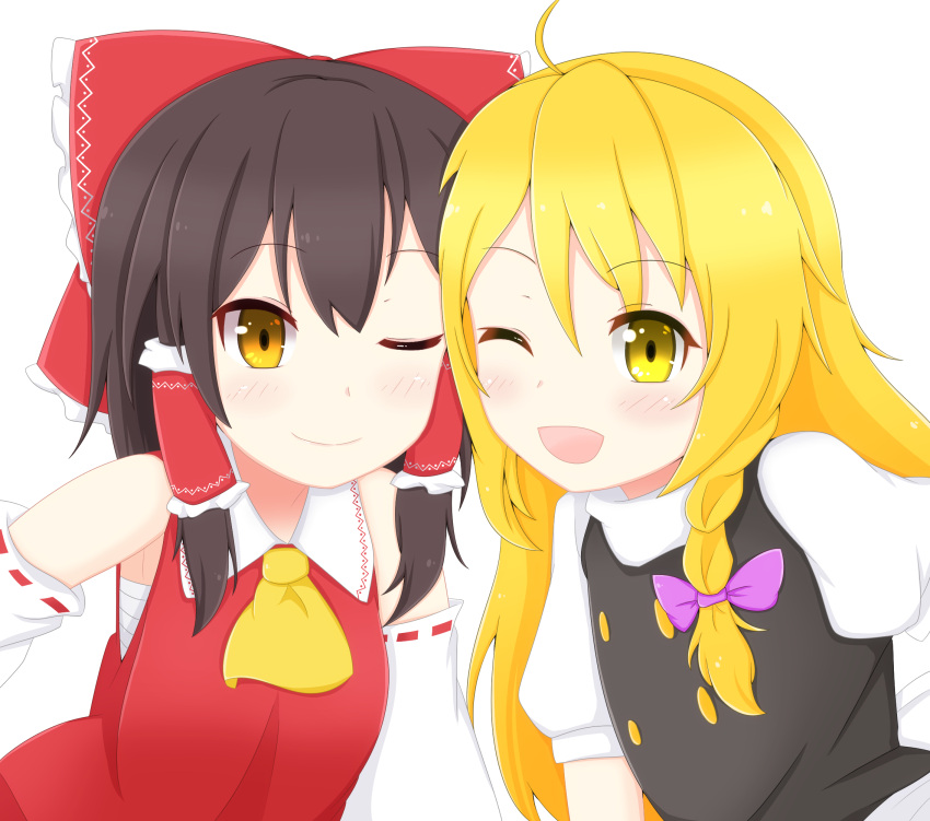 2girls, ;), ;d, ahoge, ascot, blouse, blush, bow