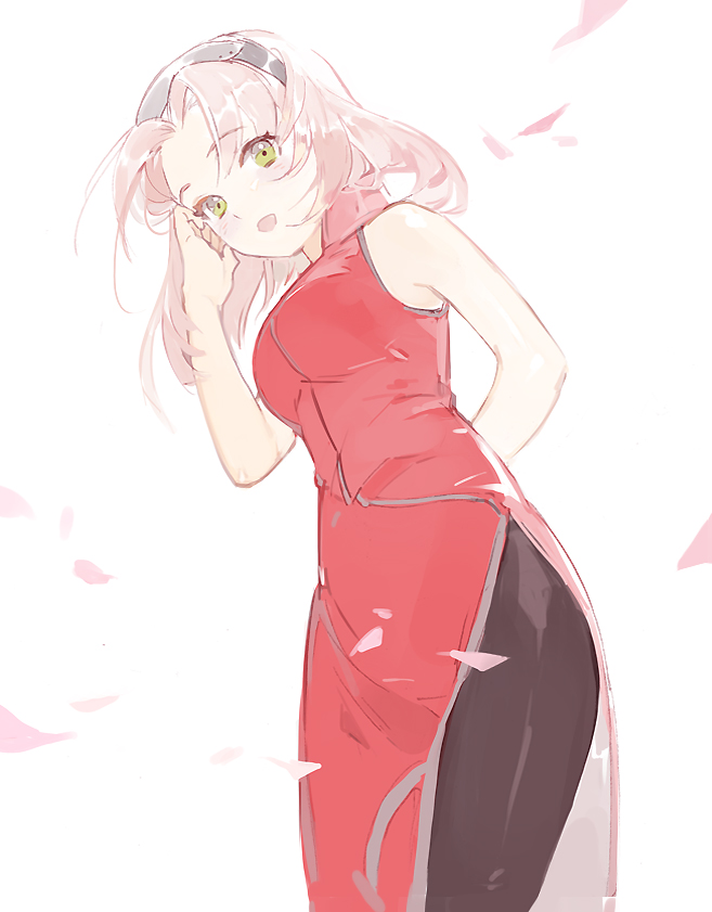 1girl, forehead_protector, green_eyes, haruno_sakura, metawin, naruto, pink_hair, solo