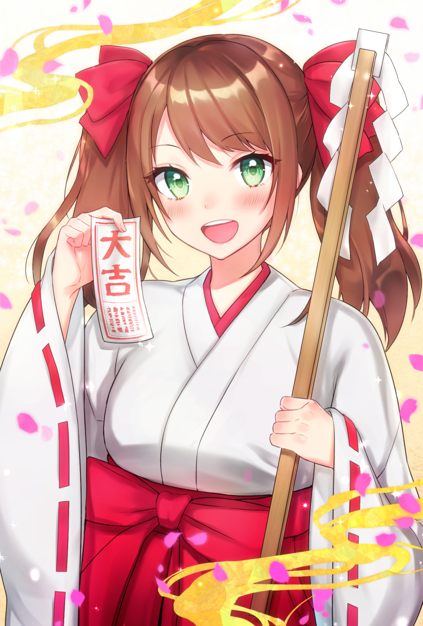 1boy, akariko_(akaringo), blush, brown_hair, crossdressinging, green_eyes, hair_ribbon, hakama, highres, idolmaster, idolmaster_side-m, japanese_clothes, long_hair, male_focus, miko, mizushima_saki, open_mouth, red_hakama, ribbon, smile, solo, trap, twintails