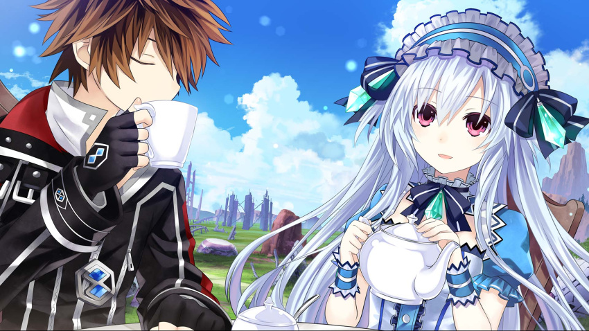 1boy, 1girl, brown_hair, closed_eyes, cup, fairy_fencer_f, fang_(fairy_fencer_f), frills