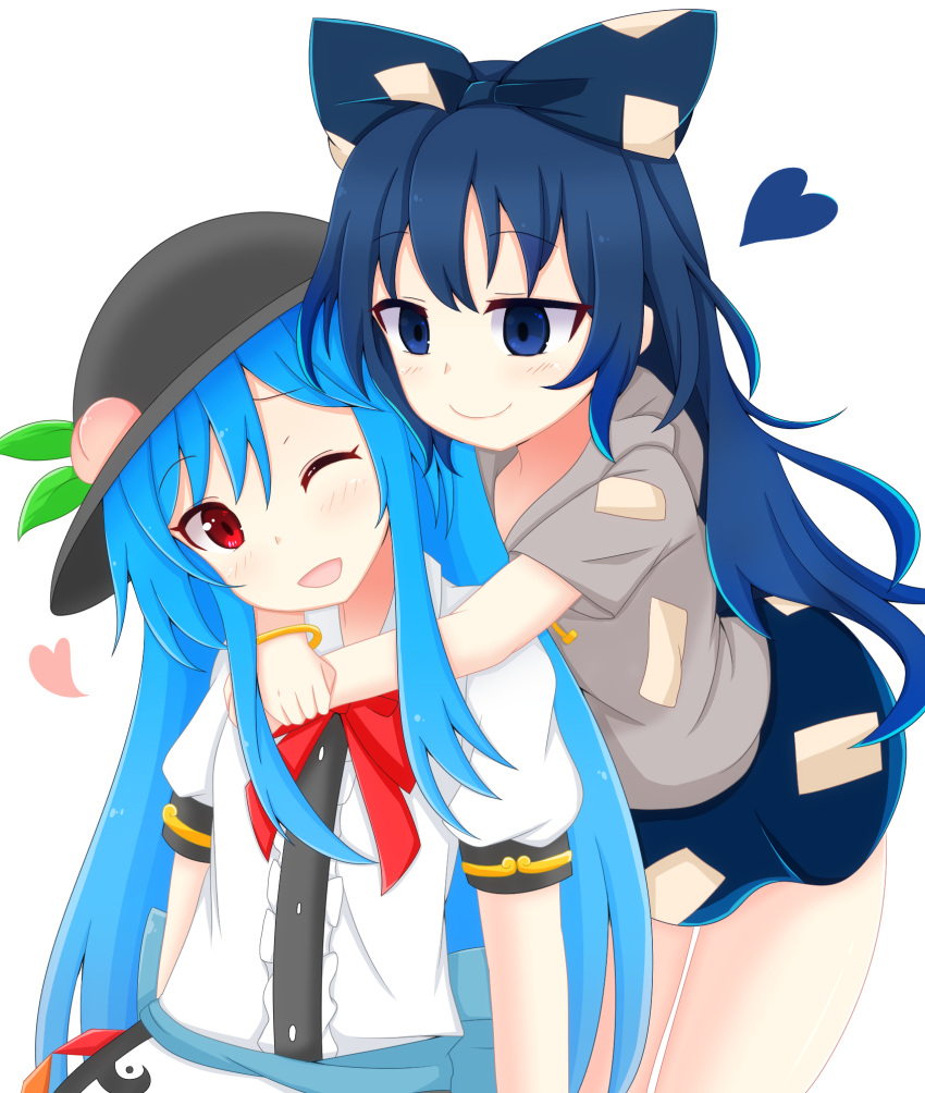 2girls, bangs, black_hat, blue_bow, blue_eyes, blue_hair, blue_skirt, bow, bracelet, commentary_request, food, fruit, hair_bow, hat, heart, highres, hinanawi_tenshi, hood, hood_down, hoodie, hug, hug_from_behind, jewelry, leaf, long_hair, looking_at_another, miniskirt, multiple_girls, one_eye_closed, open_mouth, peach, red_eyes, shirt, short_hair, short_sleeves, shunki, skirt, touhou, white_background, white_shirt, yorigami_shion, yuri