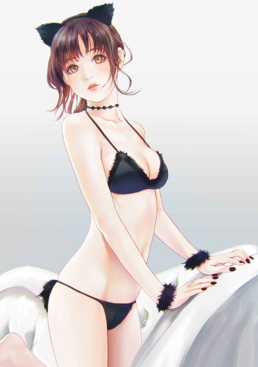 1girl, animal_ears, bare_shoulders, black_bra, black_nails, black_panties, bra, breasts