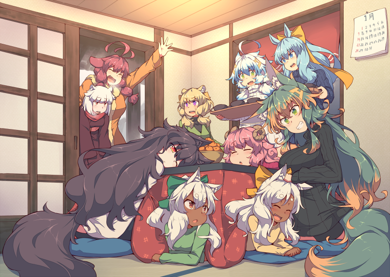 6+girls, blonde_hair, blue_eyes, blue_hair, bow, breasts, brown_eyes, brown_hair