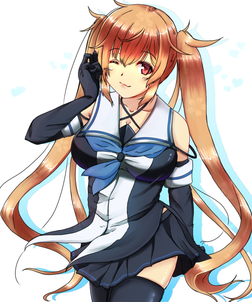 1girl, alternate_costume, bare_shoulders, black_gloves, black_legwear, black_ribbon, black_serafuku, black_skirt